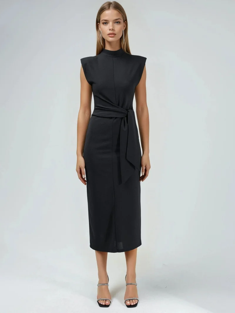 بوسيم BUSEM Tie Detailed Stand Collar Midi Dress